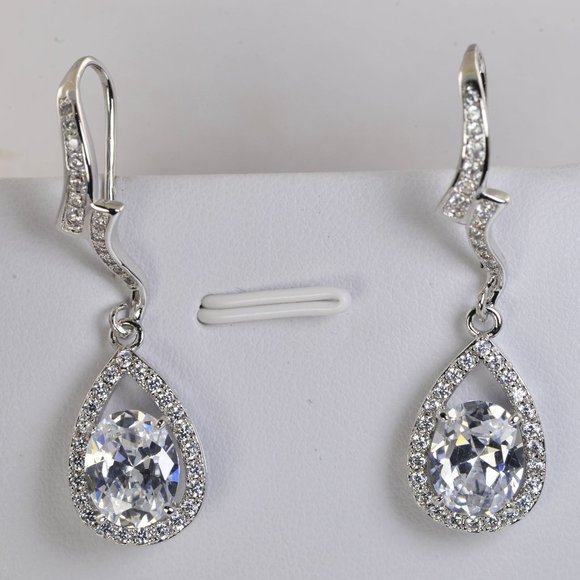 Luxury CZ Trendy Halo Oval Drop Dangle Earrings - Picture 2 of 4
